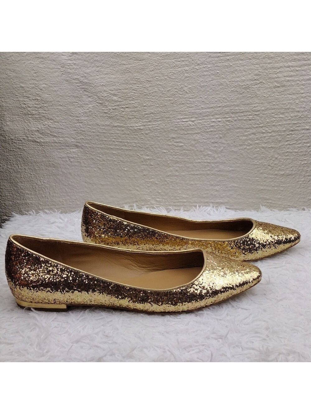 Talbots Gold Glitter Metallic Closed Almond Toe Slip On Leather Lined Flat Shoe - Picture 4 of 16